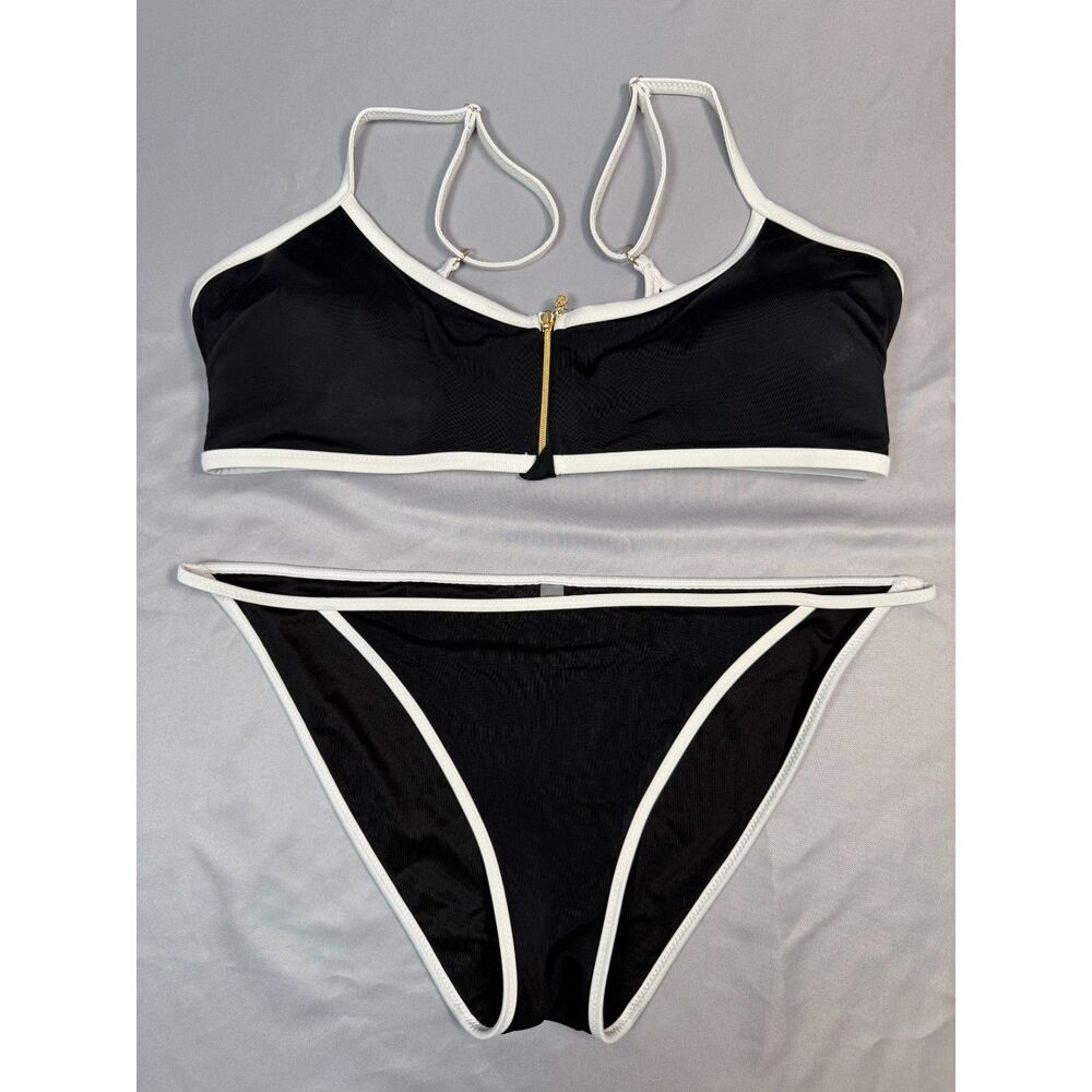 Victorias Secret Bikini Set L Black White Contrast Trim Front Zip Suit Top XL